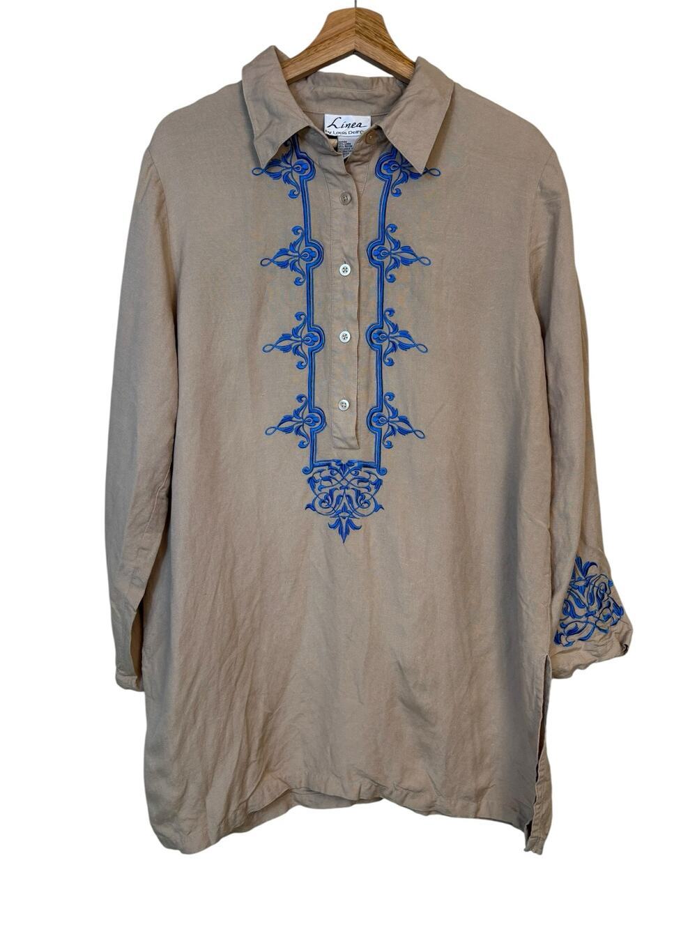 Linea by Louis Dell'Olio Linen Embroidered Tunic Large Beige Lagenlook Artisan